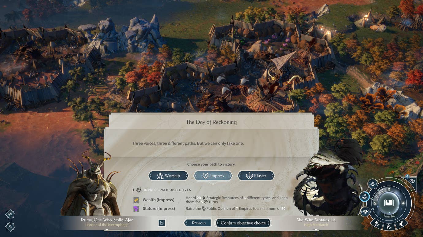 A choice of three victory objectives in Endless Legend 2, with the world map visible behind.